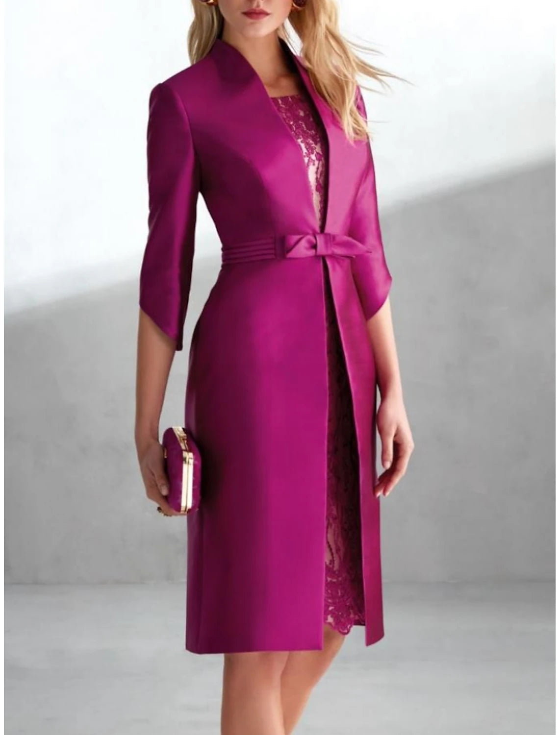 Vestido de dos piezas para madre de la novia, para invitada de boda, elegante, pequeño, escote redondo, largo hasta la rodilla, encaje de satén, manga 3/4 con lazo(s), fruncido, color liso